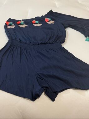 Lily Pulitzer Amerie Navy Off-Shoulder Romper with Floral Tassel Detail